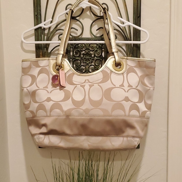 Coach Handbags - Coach Authentic light khaki/gold satin C logo tote